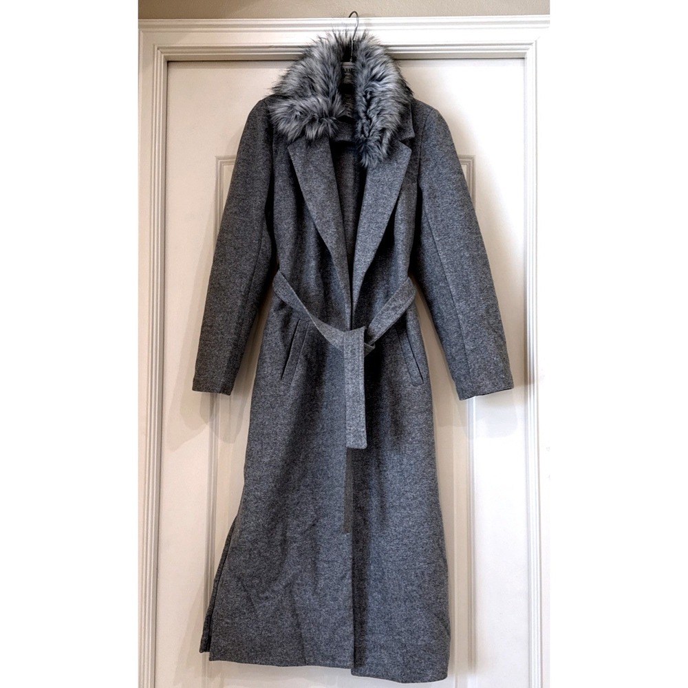 Marwa Premium Grey Faux Fur Collar Long Wrap Coat Belted Trench M M367H20
